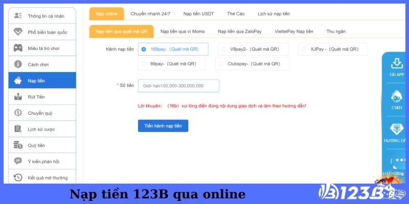 Nạp tiền 123B qua online