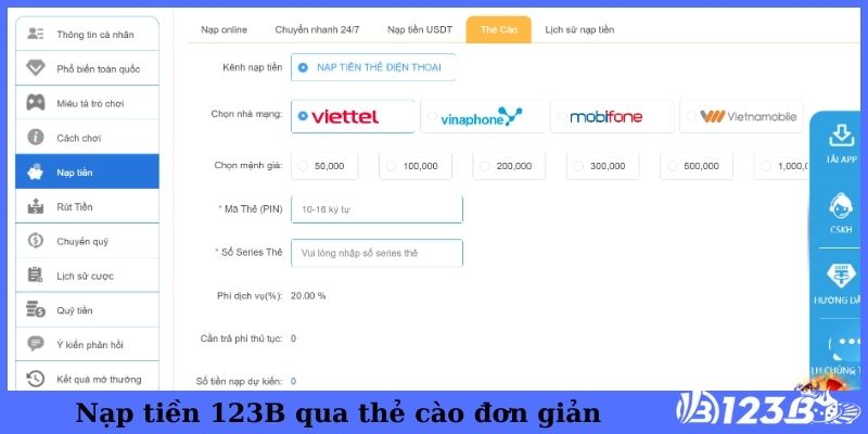 Nạp tiền 123B qua thẻ cào đơn giản