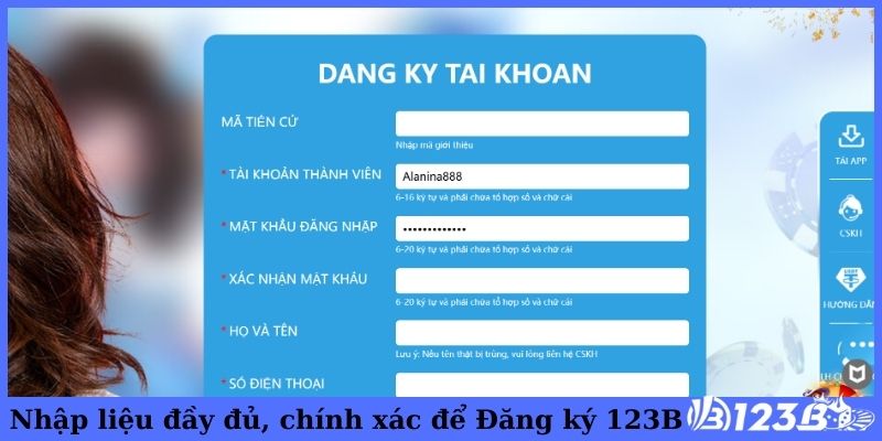 Nhập liệu đầy đủ, chính xác để Đăng ký 123B