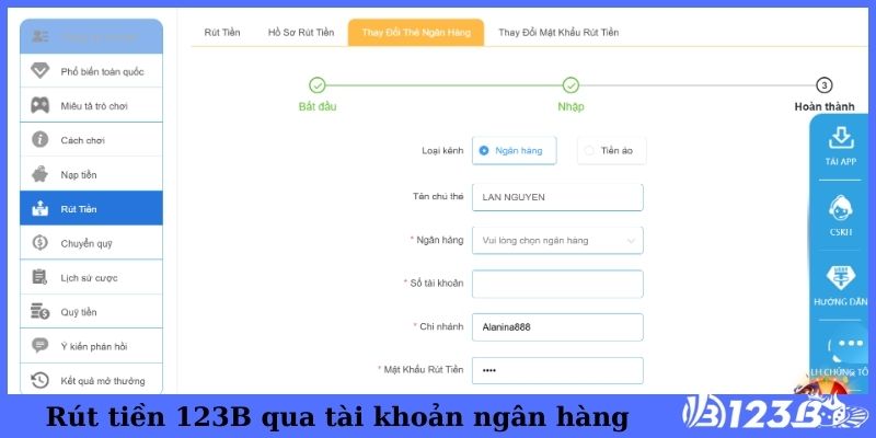 Rút tiền 123B qua tài khoản ngân hàng